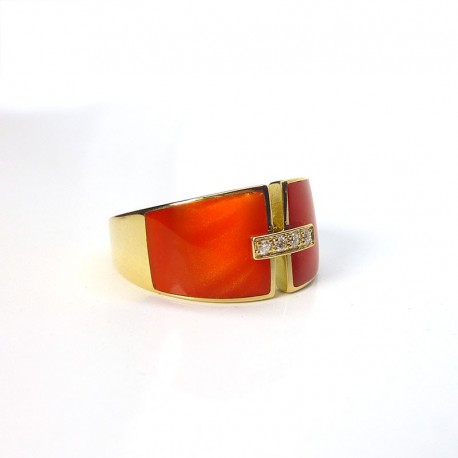 Bague laque rouge - Diamants - Or jaune